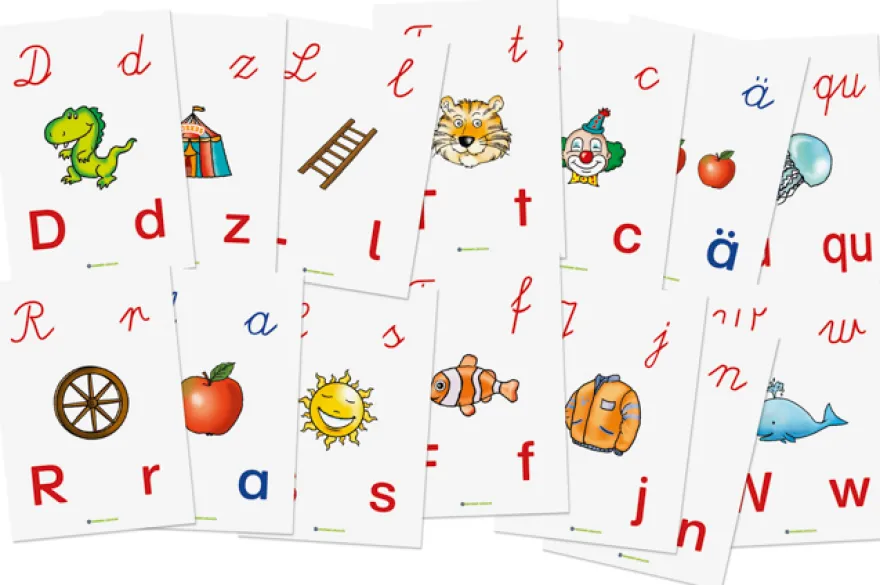 Große ABC Lernkarten mit Buchstaben, Anlauten und Zeichnungen, 32 Stück aus Karton