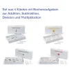 4 Kästen mit Rechenaufgaben zur Addition, Subtraktion, Division und Multiplikation