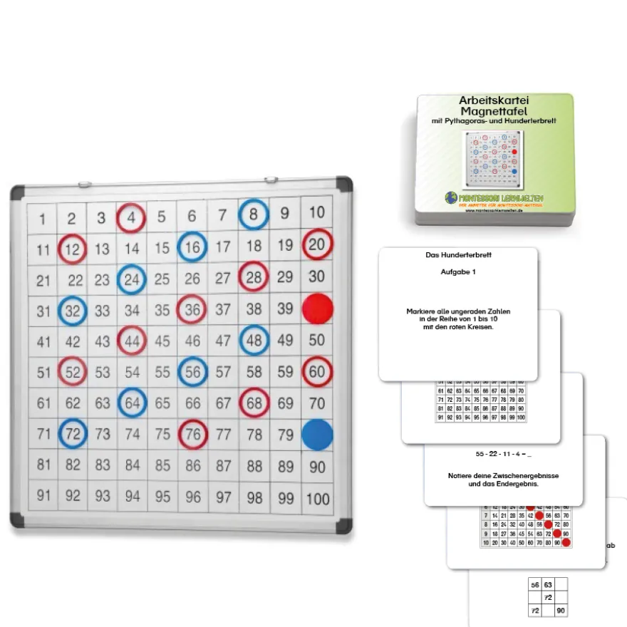 Set Magnettafel und Arbeitskartei zum Pythagoras- und Hunderterbrett